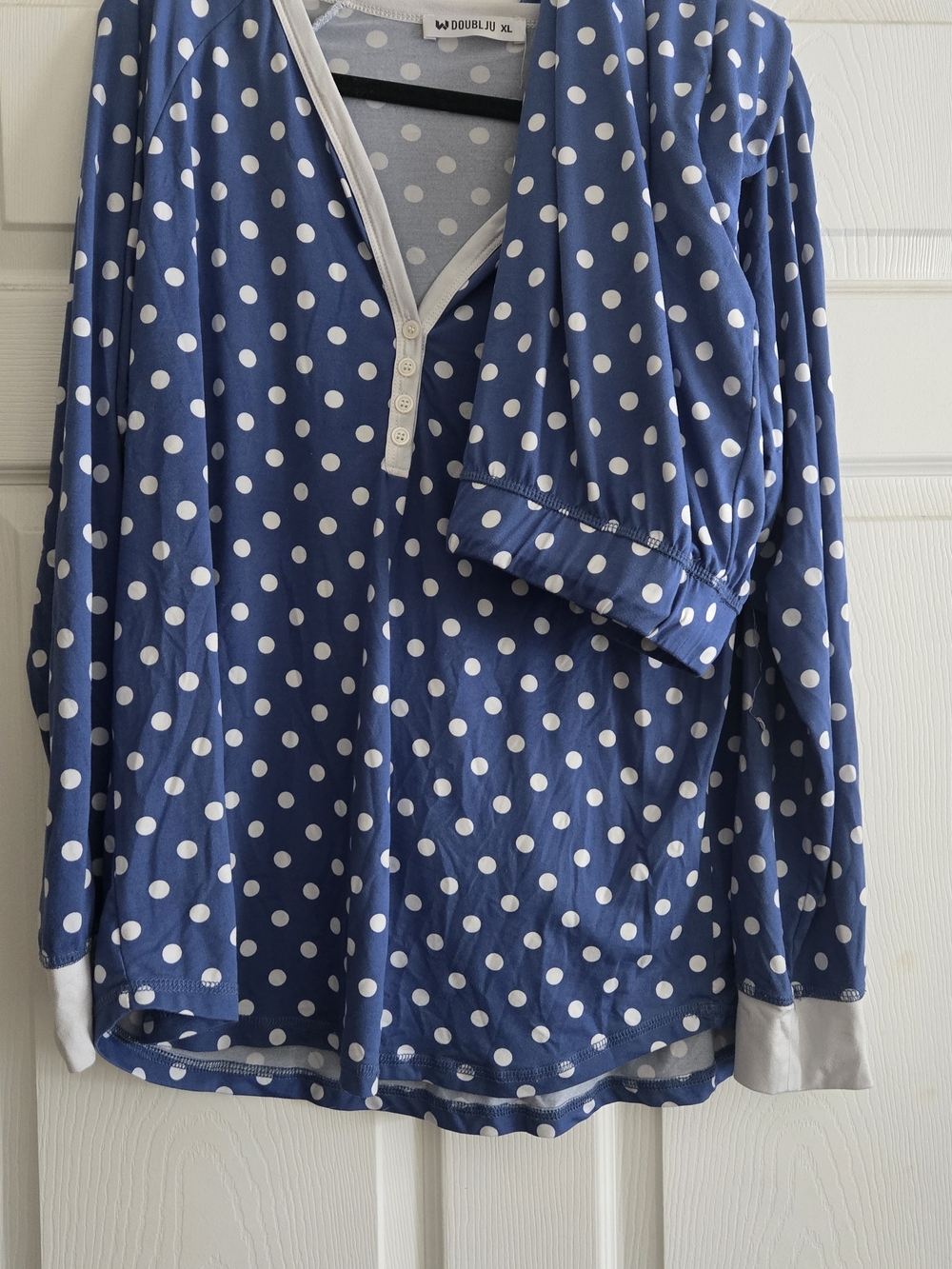 Doublju Navy Blue and White Polka Dot Long Sleeve Henley Pajama Set